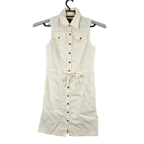 Womens Express Ivory Linen Sleeveless Shirt Dress Button-Down Tie Waist Size 1/2 - Picture 1 of 6